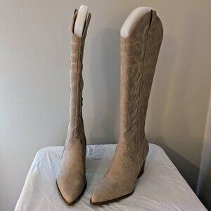 NEW Pink Lily style Latte Beige Knee-High Western Boots w/ Embroidery (Never Wor